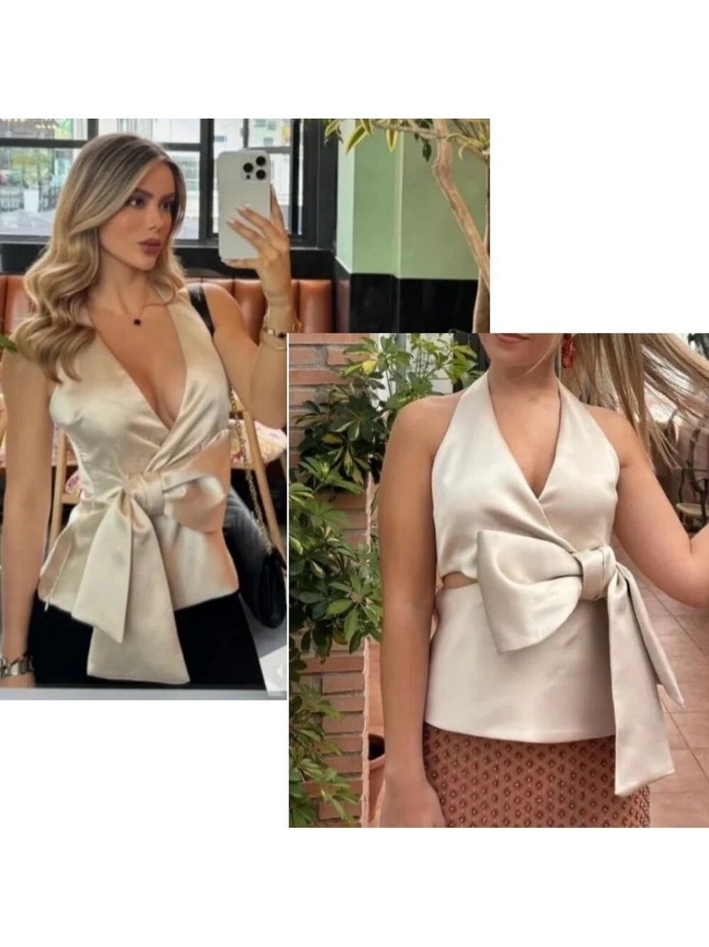 Zara satin Bow tie cut-out side opening halter top V-neck in soft gold Sz L NWT